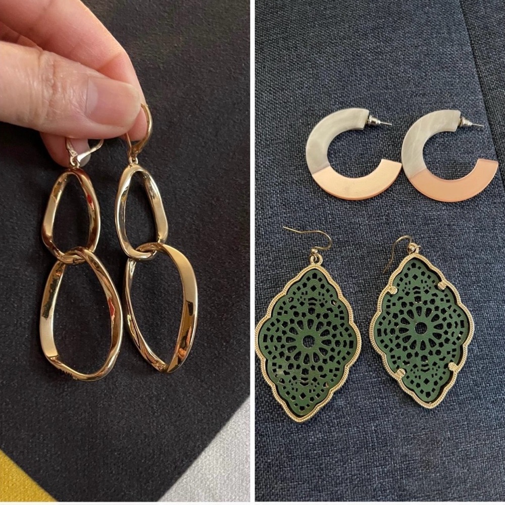 3 pcs Green Leaf, Half Moon hoops & figure of 8 gold Fashion Earings.